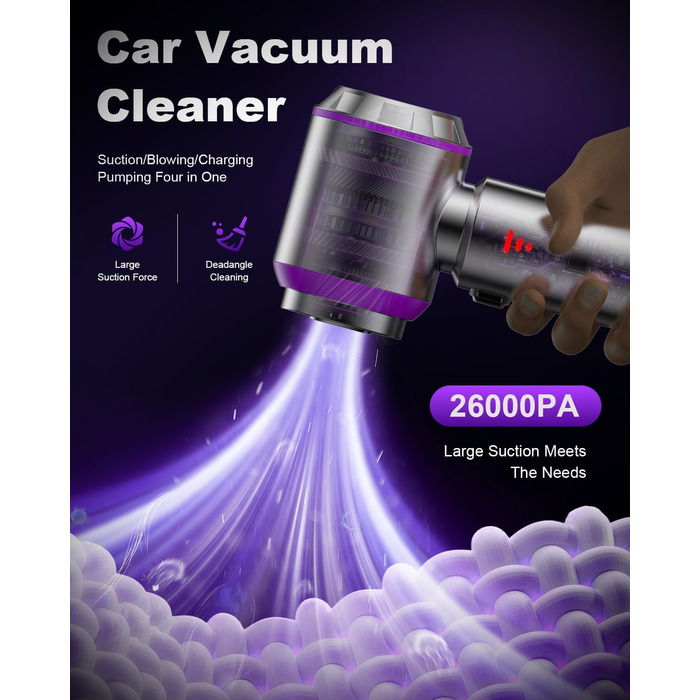 Акумуляторний ручний пилосос KITBEZN для авто та дому, безщітковий двигун, 26000Па, 3 режими потужності, бездротовий, фіолетовий