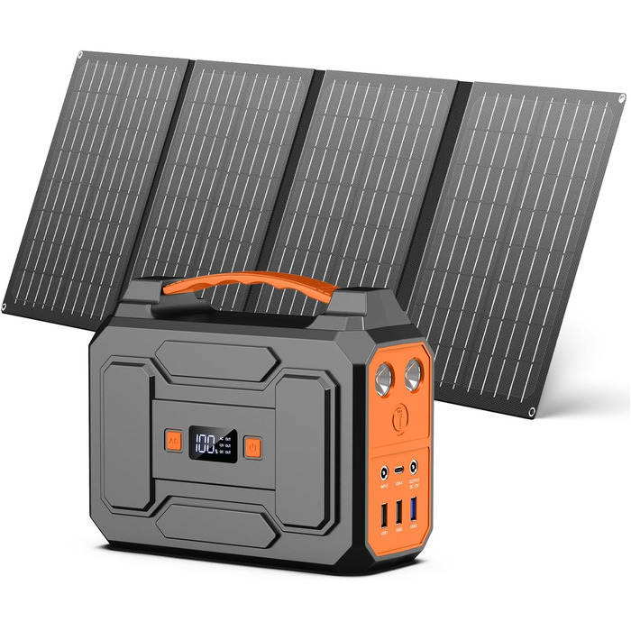 Повербанк Powkey з сонячною панеллю 99Wh/27000mAh, 40W, 100W, 230V AC, USB-A/USB-C, для кемпінгу, чорно-помаранчевий R100+YT40