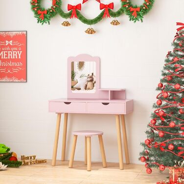 Дитячий туалетний столик COSTWAY 2-в-1 зі стільчиком та дзеркалом, з 2 шухлядами, гребінцем, для дівчаток 3-7 років (Рожевий)