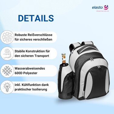 Набір для пікніка на 4 особи - 21 предмет. Водонепроникний рюкзак-холодильник Deluxe з великим відділенням для охолодження, похідний посуд та багаторазовий посуд чорного/сірого кольору