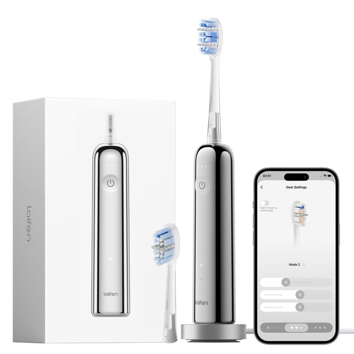 Електрична зубна щітка Laifen Wave Pro з 6 режимами, акумулятор на 70 днів, прозорий корпус (нержавіюча сталь)