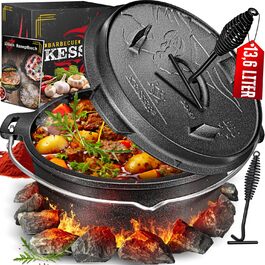 Набір голландських казанів KESSER® BBQ Feuertopf: 13.6 л, чавун, з кришкою-підйомником, ручкою та отвором для термометра. Ідеально для приготування на грилі, на відкритому вогні та в приміщенні.
