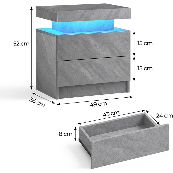 Приліжкова тумбочка Cubehom сіра зі світлодіодним підсвічуванням, 2 ящики, сучасна, тумбочка для спальні, сіра