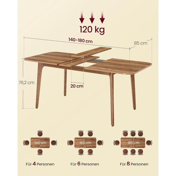 Стол розкладний VASAGLE для їдальні, кухні, офісу, 120 кг, горіховий колір, KDT090K01