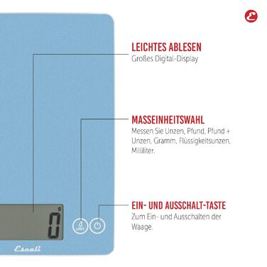 Кухонні ваги Escali 157GS Arti Glass Digital - Кухонні ваги з дисплеєм LDC - Ваги Кухонний офіс - Випічка - Хобі - Побутові ваги Herbal Scale - 6,8 кг - Storm Grey - 23 x 16.5 x 2 см (Небесно-блакитний)