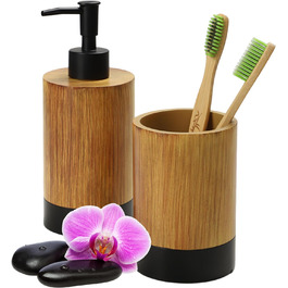 Набір для ванної кімнати KADAX, дозатор мила та стакан для зубних щіток, дерев'яний вигляд, туалетне приладдя, гігієнічний набір для ванної кімнати (дерево-чорний)