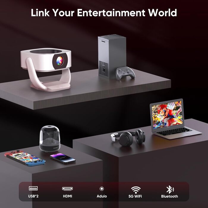 Міні-проектор Beamer 4K 1080P з Wi-Fi/BT, електронним фокусом/автоматичною корекцією трапецеїдальних спотворень, 50% зумом, 270° обертанням для домашнього кінотеатру/відпочинку на природі, сумісний з ноутбуком/смартфоном/мишею