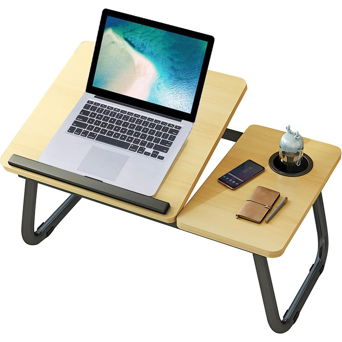 Столик для ноутбука та ліжка з регульованими ніжками та тримачем для чашки, підставка для ноутбука, піднос для сніданку, столик для читання на диван, ліжко, терасу, балкон (Білий, Горіх)
