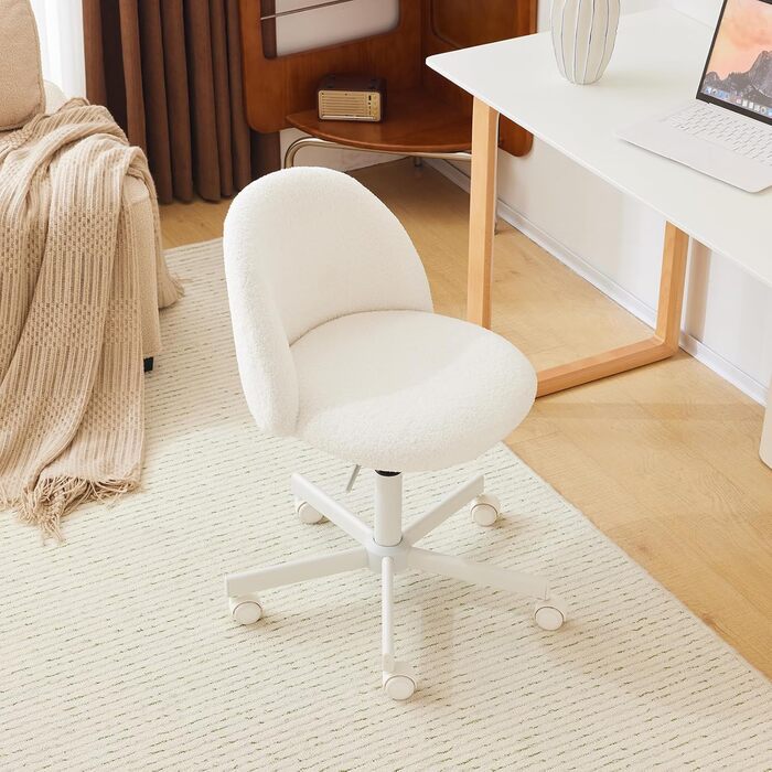Офісне крісло Bonnlo з роликами, стілець для туалетного столика, регульований по висоті, для робочого кабінету, спальні, home office, з м'якої тканини Тедді, білий