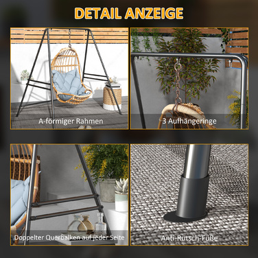 Каркас крісла-гамака Outsunny 178 x 143 x 180 см, з навантаженням до 150 кг, міцна підставка для підвісних крісел, ідеально підходить для внутрішнього та зовнішнього використання, чорний