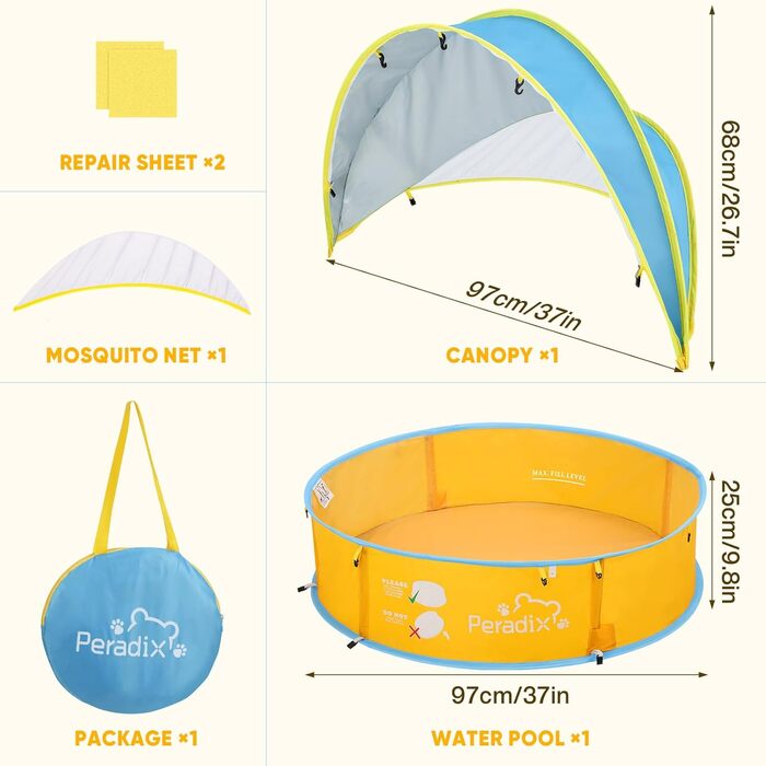 Дитяче басейн-тент Peradix 4-в-1 з UV захистом, басейн з кульками, москітна сітка, ігровий намет для дітей, літній басейн для ігор (блакитно-жовтий)