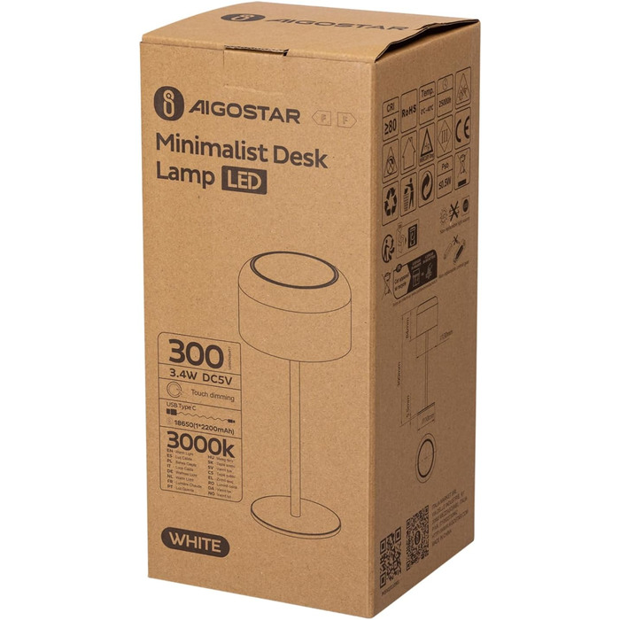 LED настільна лампа Aigostar акумуляторна, торшер бездротовий, сенсорне керування, 3 режими кольору, IP54 вологостійка, для дому та саду