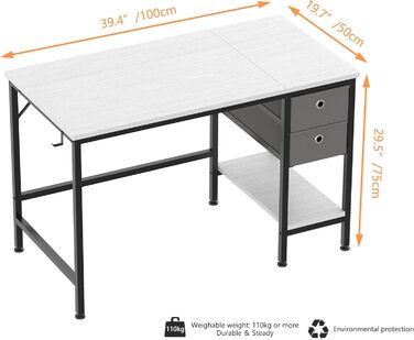 Стіл, комп'ютерний стіл з 2 шухлядами, дерев'яний офісний стіл, 120 x 50 x 75 см (100 см, білий)