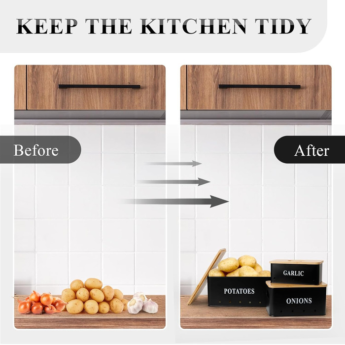 Набір контейнерів для зберігання картоплі, цибулі та часнику [3 шт] з бамбуковим кришками | З вентиляцією та захистом від світла | Чорний