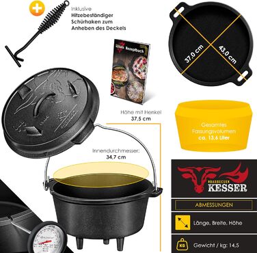 Набір голландських казанів KESSER® BBQ Feuertopf: 13.6 л, чавун, з кришкою-підйомником, ручкою та отвором для термометра. Ідеально для приготування на грилі, на відкритому вогні та в приміщенні.