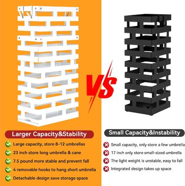 Металевий підставка для парасольки біла, велика з водовідвідною ванною та гачками, 58,4 см - для дому, офісу, готелю