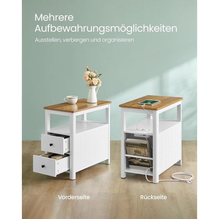 Приставний столик VASAGLE з розетками, 2 шухляди, для невеликих кімнат, стиль марина, горіхово-білий (LET327W14)