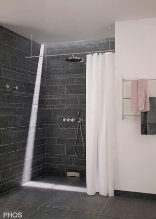 Карниз для душової кабіни вільно висить 160 см для стельового монтажу, діаметр 12 мм, стельовий кронштейн 40 см можна вкоротити, нержавіюча сталь матова шліфована, душова штанга без отвору в стіні - PHOS Design