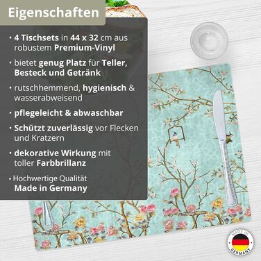 Набір килимків на стіл | Килимок для столу, миється - Квітковий вінтажний мотив з птахами - з високоякісного вінілу (пластик, BPA-free) - 4 шт. - Антиковзка підставка для столу - Килимок на стіл - Зроблено в Німеччині