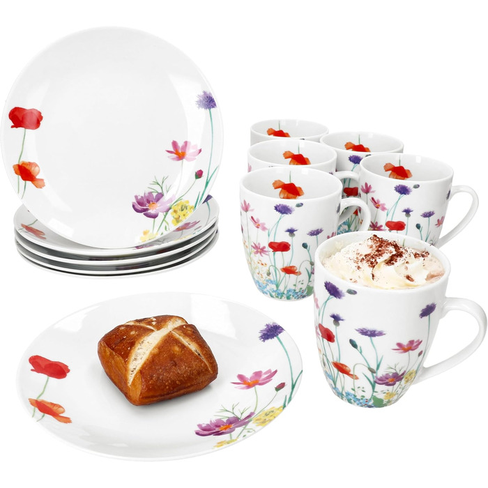 Набір посуду MamboCat Marie (12 предметів) для 6 осіб | Фарфоровий посуд з квітковим декором | 6 тарілок та 6 чашок 320 мл | Для сніданку та кави