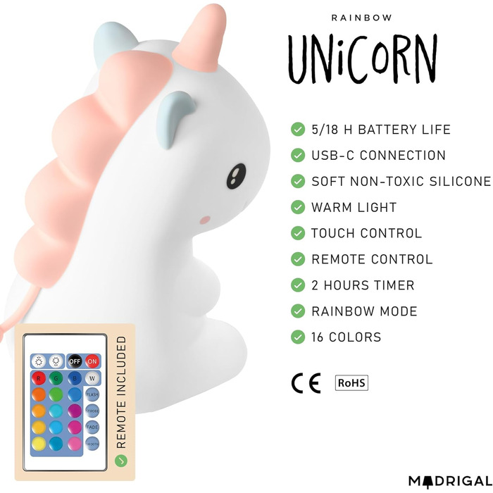 Нічник Unicorn - акумулятор USB-C, дистанційне керування, затемнення, таймер - рожева грива