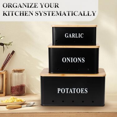 Набір контейнерів для зберігання картоплі, цибулі та часнику [3 шт] з бамбуковим кришками | З вентиляцією та захистом від світла | Чорний