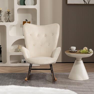 Крісло-гойдалка Cosy Meuble: стильне крісло для вітальні, спальні, балкону. Зручне, з підлокітниками, оббивка з бежевого велюру, до 120 кг, на дерев'яних колінах.