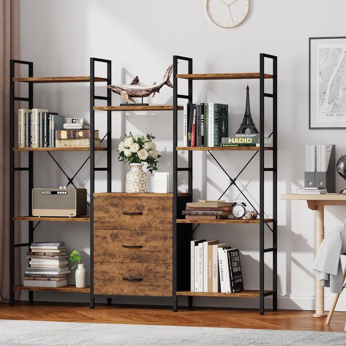 Стильна полиця-стеллаж з 4 висувними ящиками з тканини, 100W x 142Hcm, для книг, кухні, вітальні, офісу, балкону, в індустріальному стилі (4 яруси, 120cm, рустикальне дерево)