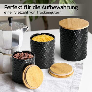 Набір з 3 вазочок для зберігання Miamio Palmanova, кераміка з дерев'яним кришкою, білий та чорний