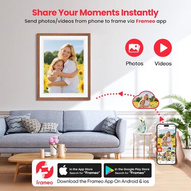 Frameo Цифровий фоторамка 10,1 дюйма, HD 1280*800 IPS сенсорний екран, 32GB пам'ять, автоповорот, Frameo App для обміну фото та відео, 15 дерев'яних текстур (білий)