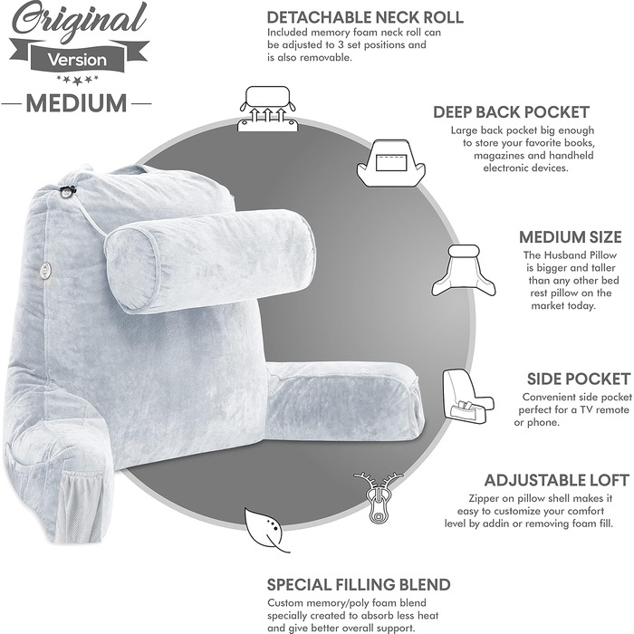 Подушка для чоловіків - сіра, велика, для читання та відпочинку в ліжку з підлокітниками. Висока спинка, преміум піна з пам'яті, знімна подушка для шиї на еластичному шнурі. Середня оригінальна версія | Темно-зелений |