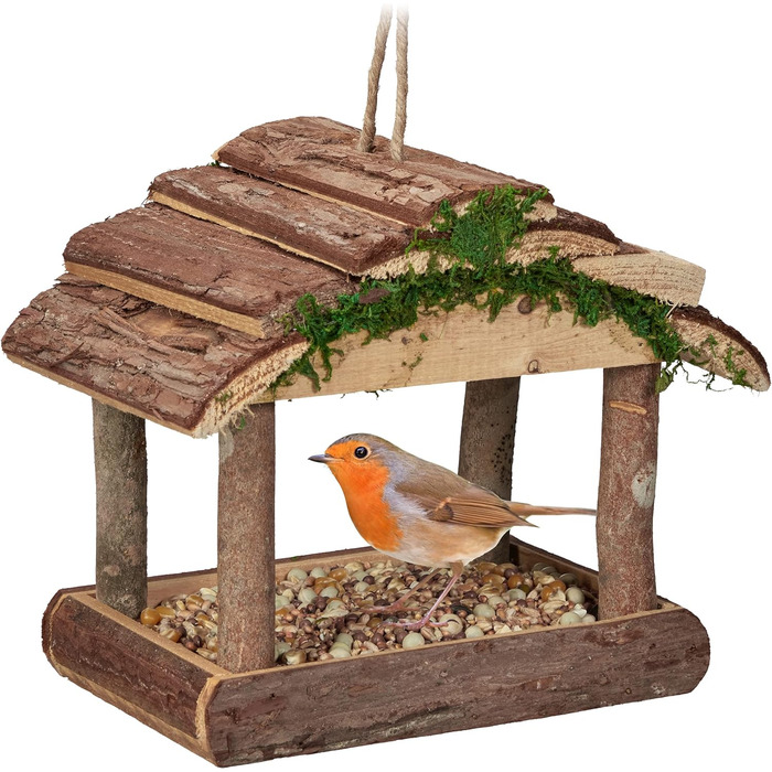 Годівниця для птахів Relaxdays дерев'яна, HBT 17x15x12см, з силосом, годівниця для птахів, природа (набір)