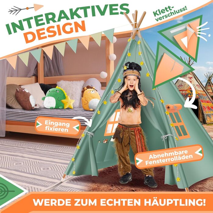 Дитячий намет KIDIZ Teepee 100x100x160см зі світлодіодом, декором та аксесуарами для дому та вулиці (зелений)