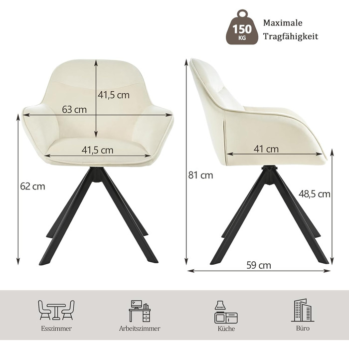 Обідній крісло з підлокітниками для кухні, їдальні, офісу (6 шт., кремово-білий)