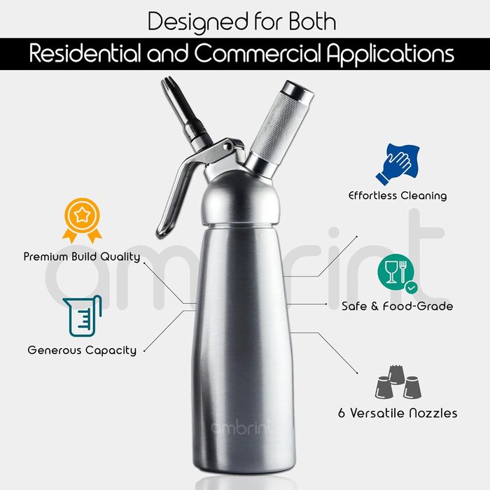 Дозатор для збитого вершку: міцний алюмінієвий кантер з 6 насадками (нержавіюча сталь & пластик), щітка для чищення та сумка для зберігання. Преміум-дозатор для домашніх десертів