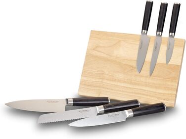 Набір кухонних ножів ECHTWERK Damast 7 предметів: кухонні ножі, ніж для хліба, ніж для філе, сантоку, універсальний ніж, ніж для очищення, ручки з пака-дерева, магнітний дерев'яний підставка