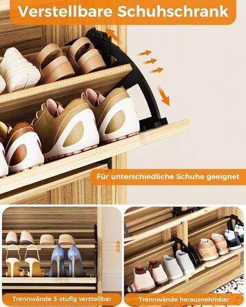 Шкаф для взуття IRONCK з 4 дверцятами, вузький, з 2 висувними ящиками, окремо розташований, з регульованими перегородками, для прихожого, входу та вітальні (білий). Матеріал: дерево. Розміри: 100x23.5x98 см