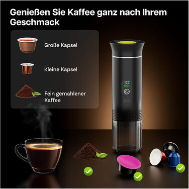 Портативна кавомашина MMOBIEL: електрична еспресо-машина з підігрівом, USB-C, для кави в зернах та капсул – ідеальна для подорожей, кемпінгу, дому, офісу, авто (чорний)