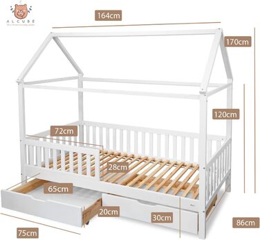 Ліжко Alcube house HYGGI 90x200 см - універсальне дитяче ліжко з масиву дерева із захистом від падіння та рейковою основою (80х160 см, біле - з висувними ящиками та матрацом)