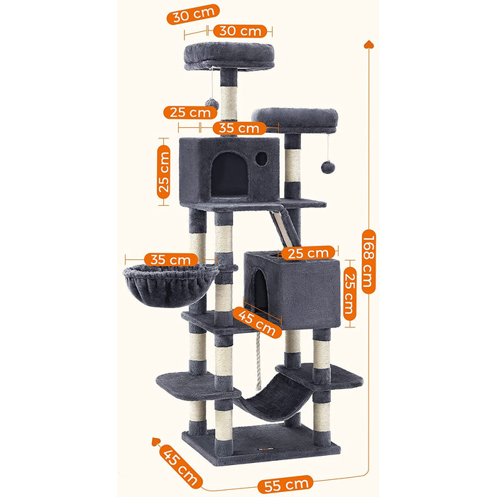 Котяче дерево, 206 см, 13 колон, 2 платформи, 2 дупла, кошик, гамак, димчасто-сірий