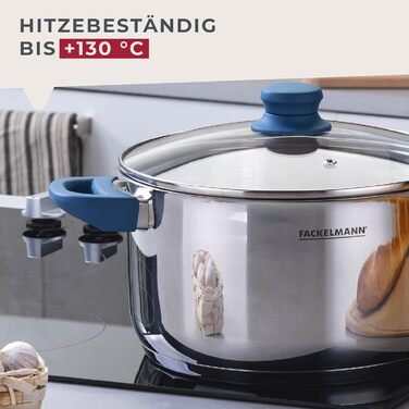 Каструля Fackelmann Essential з нержавіючої сталі з ергономічною ручкою Bakelite та літражним позначенням – підходить для всіх типів плит, синього кольору (з кришкою, 24 см)