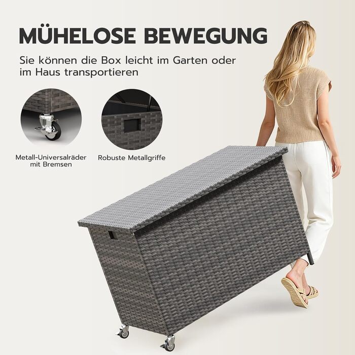 Водонепроникний садовий ящик Amopatio Gartenbox 480л з поліротангу, металевий ящик для подушок на колесах з газліфтом для саду та балкону, сірий