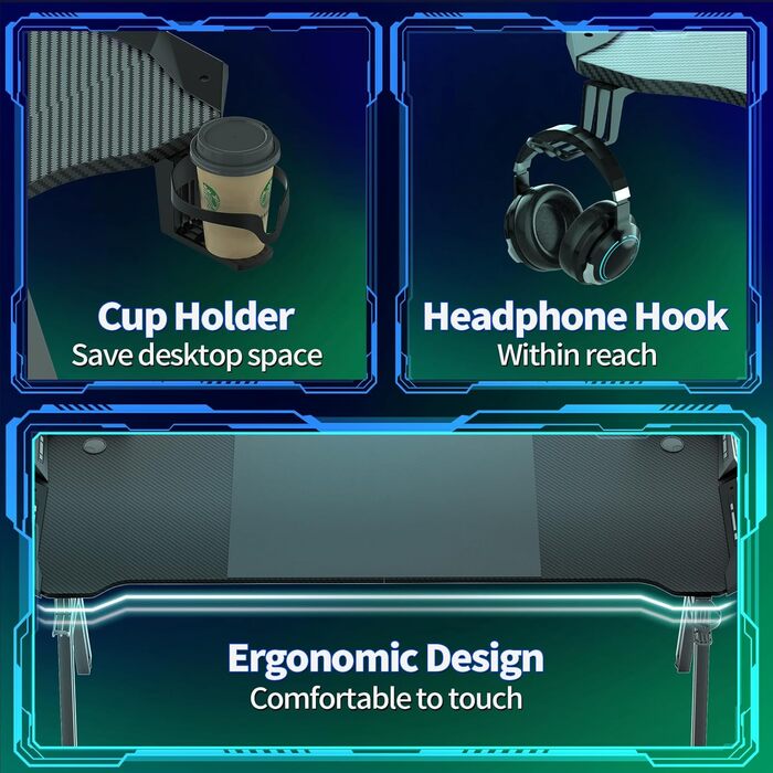 Ігровий стіл 120x60 см, A-Frame, з тримачем для напоїв та гачком для навушників, карбонове покриття, стабільний, ергономічний для дому та офісу, з LED підсвічуванням (140x60 см)