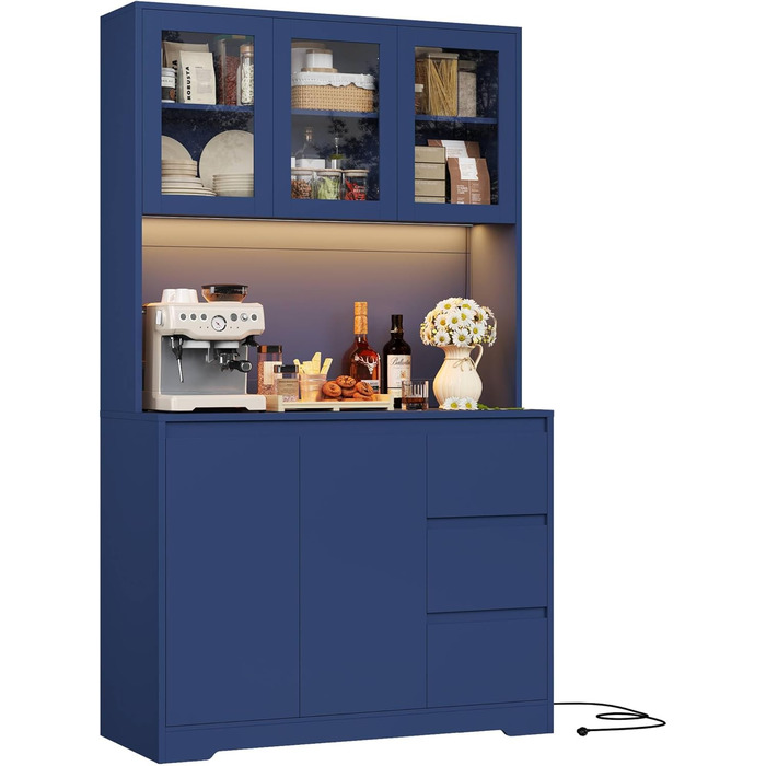 Кухонна шафа FirFurd з LED-підсвіткою, буфет, комод з полицями, стільниця, 3 висувні ящики, 180x100x38.5 см (блакитний)