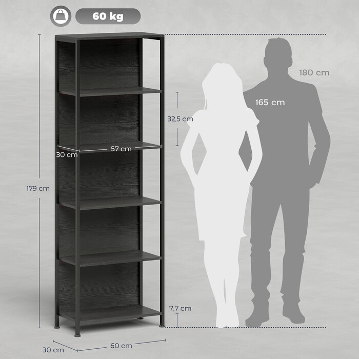 Стильна полиця-стеллаж на 5 ярусів з LED-підсвіткою, 7 кольорів світла, для вітальні, 60 x 30 x 179 см, чорний