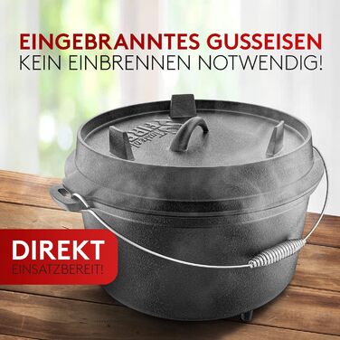 Набір чавунного казана BBQ Dutch Oven [Das Original] на 10,8 л з підставкою та кришкою-гриль на 2,2 л, підйомником та e-book