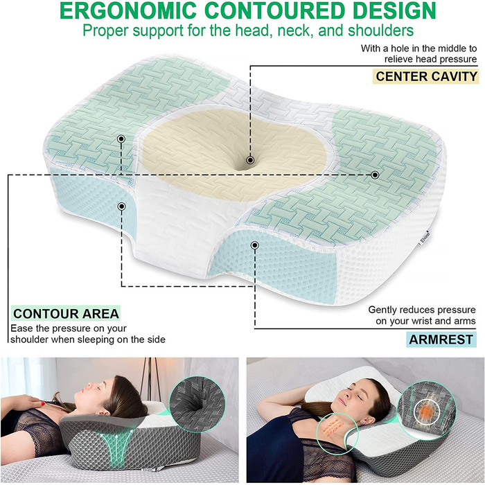 Ортопедична подушка для шийки матки Elviro з піни з ефектом пам'яті знімний ергономічний шийний валик для зняття болю в шиї і плечах Подушка для підтримки шиї Для тих, хто спить на боці, (синій, 60 x 38,6 x 9,9 / 13,5 см)