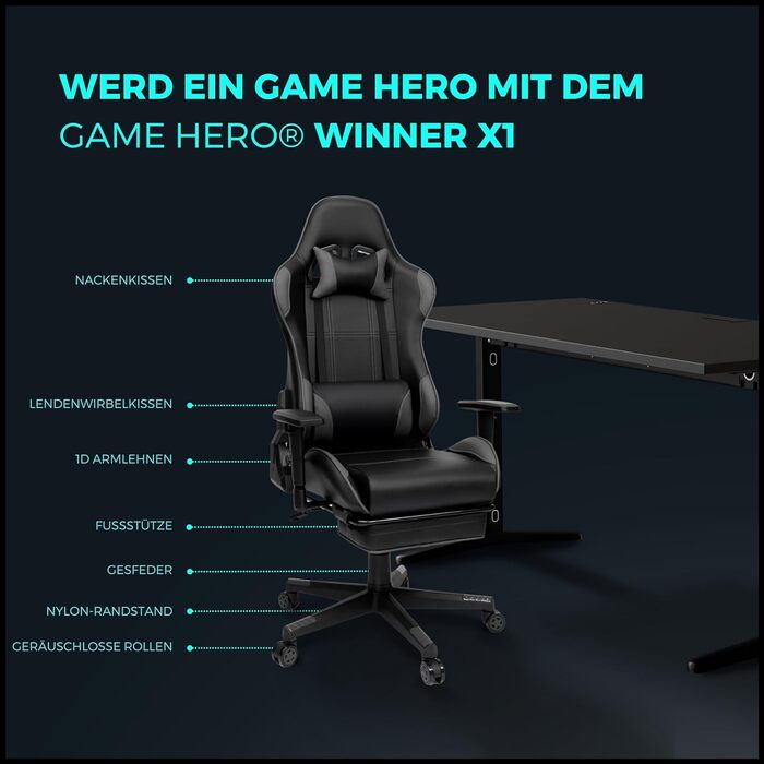 Ігрове крісло Game Hero Winner X1 з підставкою для ніг, функцією відкидання та регульованими по висоті підлокітниками - Офісне крісло преміум-класу Ергономічне письмове крісло для геймерів - З можливістю завантаження до 125 кг - Штучна шкіра - (Сірий)