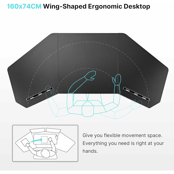 Ігровий стіл EUREKA ERGONOMIC 160x74 см - великий стіл у формі крила для ігор, ПК, дому, офісу, стрімінгу. 2 слоти для iPad. Чорний.