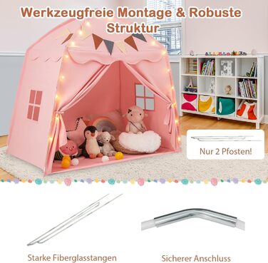 Дитячий ігровий будиночок COSTWAY, намет для дітей з прапорцями та гірляндою, намет принцеси, великий намет у дитячу кімнату для хлопчиків та дівчаток від 3 років, 157 x 98 x 148 см (Рожевий)